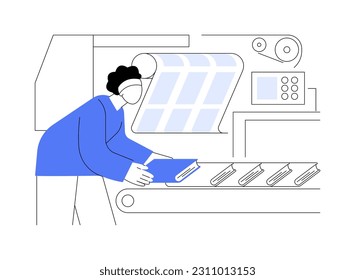 Book printing abstract concept vector illustration. Worker deals with book printing, polygraphy sector, magazines and newspaper manufacturing, light industry, publishing house abstract metaphor.