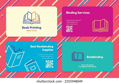 Book printing bookbinding service best supplies business card set vector illustration. Publishing house store commercial media typography production education document company branding identity