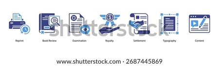 Book Production web banner icon vector illustration featuring Reprint, Book Review, Examination, Royalty, Settlement, Typography, and Content.