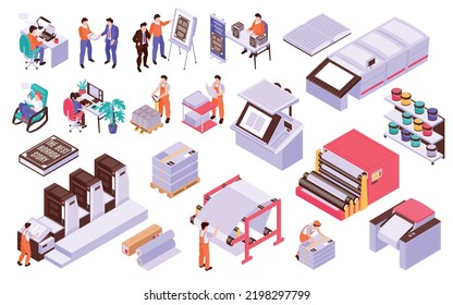 Book Publishing House Isometric Icons Set With Printing Machines And Storage Workers Vector Illustration