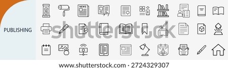 book publishing and journalism icons, editorial content creation, black line vector