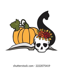 book, pumpkin, skull and black cat