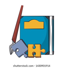 Book and puzzle pieces with pen cartoons vector illustration graphic design