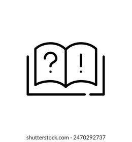 Libro con signo de interrogación y exclamación. Aprender y buscar la creatividad. Icono de Vector de trazo perfecto y editable