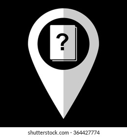 Book with question mark - white vector icon;  map pointer