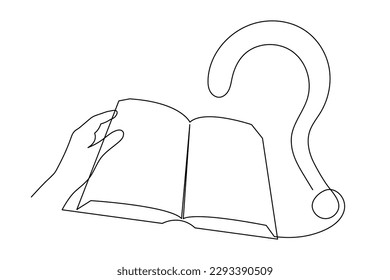 Libro con la pregunta una línea de arte, dibujado a mano haciendo signo contorno continuo.Consulta de conceptos de preguntas frecuentes, búsqueda de respuesta en la literatura.Educación estudiando el esquema del concepto de aprendizaje.Curso editable.Isolated.Vector 