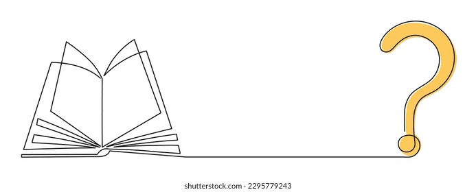 Book with question one line art,hand drawn asking sign continuous contour.Query FAQ concept,finding answer in literature.Education studying learning concept outline.Editable stroke.Isolated.Vector 