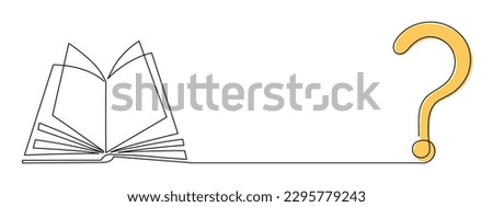 Book with question one line art,hand drawn asking sign continuous contour.Query FAQ concept,finding answer in literature.Education studying learning concept outline.Editable stroke.Isolated.Vector 