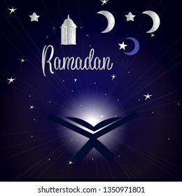 Book of quran and scroll in the night sky with stars and the month