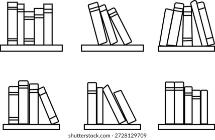 Conjunto de iconos de estanterías de libros, que representan el almacenamiento de estanterías para libros y documentos. Ideal para sistemas de Biblioteca, educación ajustable de estante de libros de madera, organización de oficinas, App, Diseño web e infografías.
