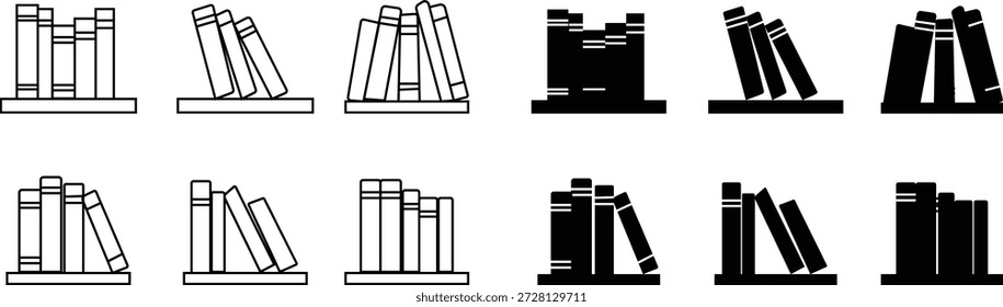 Conjunto de ícones de racks para livros, representando o armazenamento em estante de livros e documentos. Ideal para sistemas de biblioteca, educação ajustável em rack de livros de madeira, organização de escritório, aplicativos, web design e infográficos.