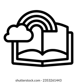 Book with rainbow and cloud line icon, fairytale concept, book with fairy tale sign on white background, open fairy tales book icon in style for web design. Vector graphics.