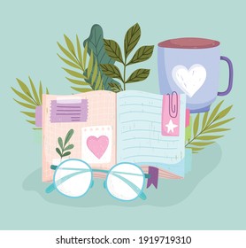 book read glasses and coffee cup cartoon vector illustration