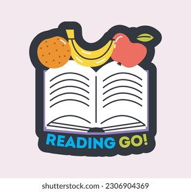 Book and read icon. Time to start reading. Retro sticker with textbook, fruits, apple, banana and orange. School, studies and learning concept. Cartoon flat vector illustration on white background