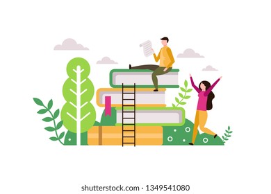 Book read. Man sits on a stack of books and reading. Book festival or knowledge banner concept for web and mobile app