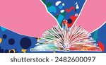  Book to read or book review concept. Open book vector on colorful background. Library online design