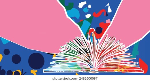  Book to read or book review concept. Open book vector on colorful background. Library online design