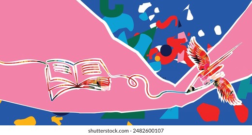 Book to read or book review concept. Open book vector with pencil on colorful background. Library online design