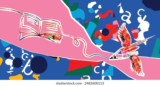  Book to read or book review concept. Open book vector with pencil on colorful background. Library online design