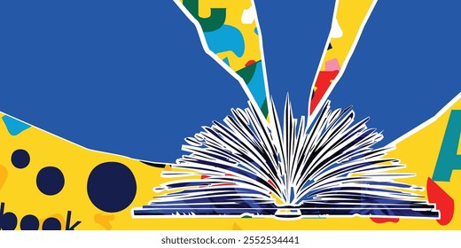 Book to read or book review concept. Open book vector on colorful background. Library online design