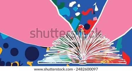  Book to read or book review concept. Open book vector on colorful background. Library online design