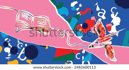  Book to read or book review concept. Open book vector with pencil on colorful background. Library online design