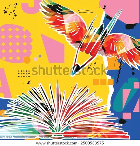 Book to read or book review concept. Open book vector with pencil on colorful background. Library online design