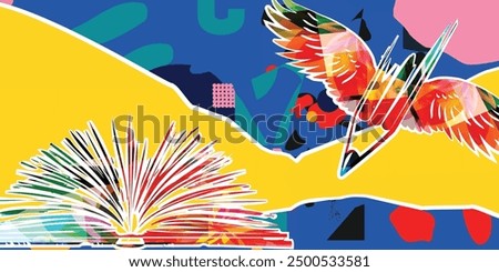 Book to read or book review concept. Open book vector with pencil on colorful background. Library online design