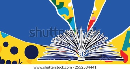 Book to read or book review concept. Open book vector on colorful background. Library online design