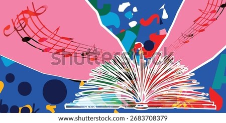 Book to read or book review concept. Open book vector on colorful background. Library online design