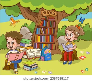 Buchleser, süßes Waldleben und zurück zur klassischen Vektorszene der Schule.Buchtag, Freiluftbibliothek für intelligente Tiere und Kinder.