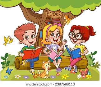 Book reader, cute woodland life and back to school classy vector scene.Books day, outdoor library for smart animals and children.