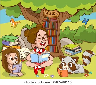 Book reader, cute woodland life and back to school classy vector scene.Books day, outdoor library for smart animals and children.