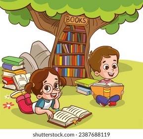 Book reader, cute woodland life and back to school classy vector scene.Books day, outdoor library for smart animals and children.