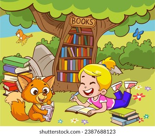 Book reader, cute woodland life and back to school classy vector scene.Books day, outdoor library for smart animals and children.