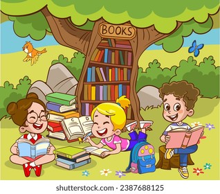 Book reader, cute woodland life and back to school classy vector scene.Books day, outdoor library for smart animals and children.