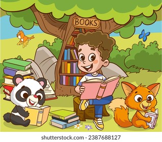 Book reader, cute woodland life and back to school classy vector scene.Books day, outdoor library for smart animals and children.