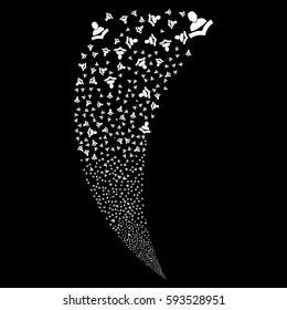 Book Reader random fireworks stream. Vector illustration style is flat white iconic symbols on a black background. Object fountain made from scattered pictographs.