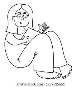  Book reader, young woman with a book is sitting on the floor. Vector illustration on white background. For cards, posters, decor, t shirt design, logo.