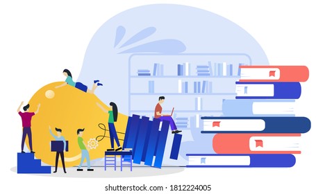 Book readers, Business team Man and woman think analyze creative work  with Light bulb ,flat design illustration Creativity modern Idea and Concept Vector.