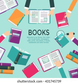 Book readers concept illustration with hands holding books. Template for public library, vector poster or banner