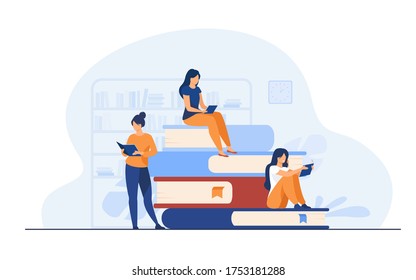 Book readers concept. People sitting on stack of books in library, women reading textbooks at home, students doing homework research. Flat vector illustration for knowledge, literature topics