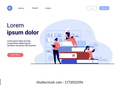Book readers concept. People sitting on stack of books in library, women reading textbooks at home, students doing homework research. Flat vector illustration for knowledge, literature topics