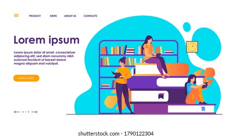 Book readers concept. People sitting on stack of books in library, women reading textbooks at home, students doing homework research. Flat vector illustration for knowledge, literature topics