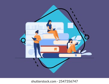 Book readers concept. People sitting on stack of books in library, women reading textbooks at home, students doing homework research. Flat vector illustration for knowledge, literature topics