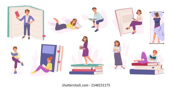 Book readers, literature lovers, bookshop or library visitors. Reading man and woman, study education process vector symbols illustrations set. Book fans characters