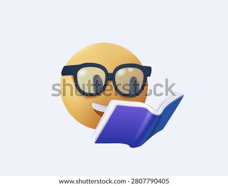 Book reading 3D vector emoji wearing glasses to represent studying, education, intelligence and academic achievement. Ideal for learning platforms, schools, tutoring services and student resources