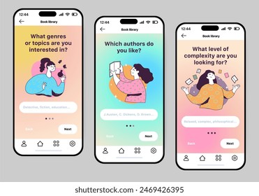 Book reading app concept in flat design. A colorful and bright concept of a phone application for finding books, tracking authors, selecting by mood, etc. Vector Illustration.