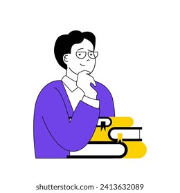 Book reading concept with cartoon people in flat design for web. Man student with stacks of textbook preparing to exam at university. Vector illustration for social media banner, marketing material.