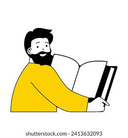 Book reading concept with cartoon people in flat design for web. Man reads literary novels, researching textbooks or encyclopedia. Vector illustration for social media banner, marketing material.